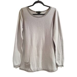Eddie Bauer Women’s LS Grey White Striped Lightweight Tunic Sweater Size L Tall